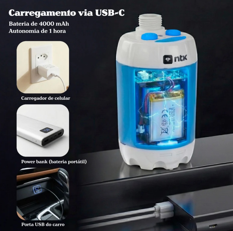 Chuveiro Ducha Recarregável Portátil NTK USB - Imagem 5